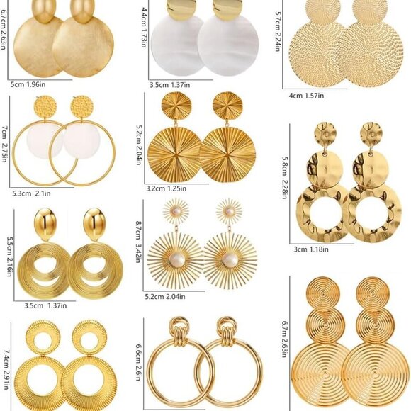 11 Pairs Gold Dangle Earrings Set Hammered Round Drop Statement for Women - Picture 5 of 7